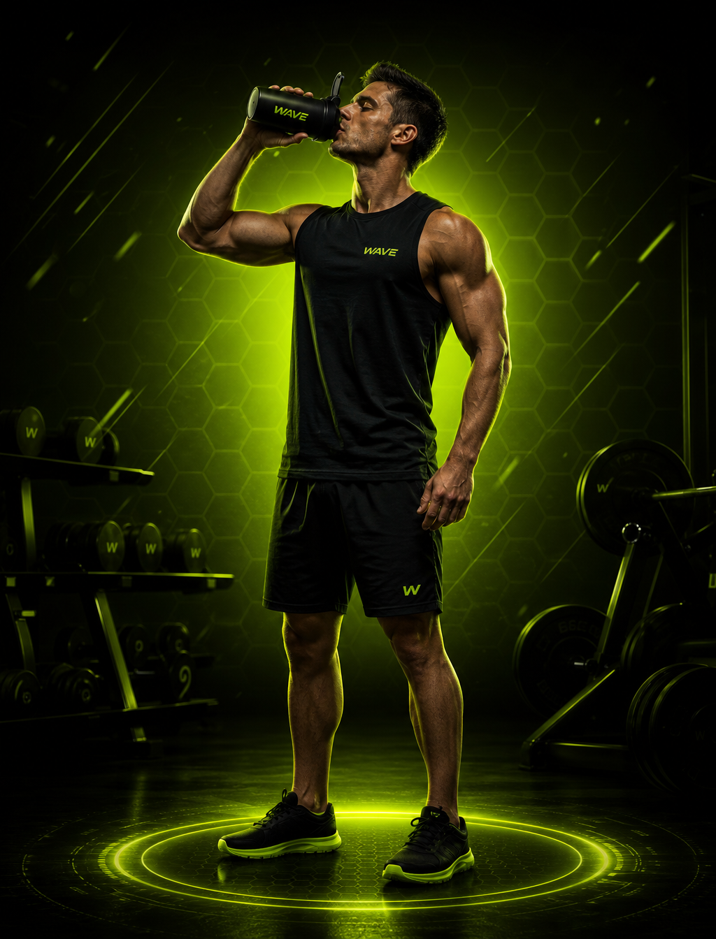 Atleta com uniforme Wave tomando suplemento em uma academia